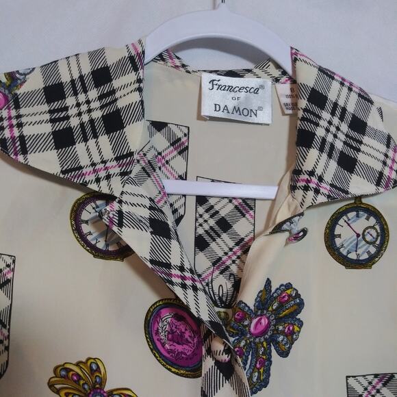 Francesca of Damon Vintage 80s Silk Plaid Pocket Watch Print Chic Preppy Size 8 - Picture 2 of 10